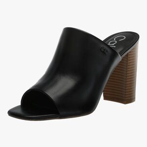 Calvin Klein Black Leather Mules with Brown Heel